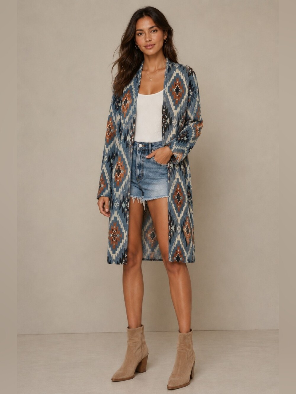 Entro Diamond Geometric Aztec Knit Cardigan Duster